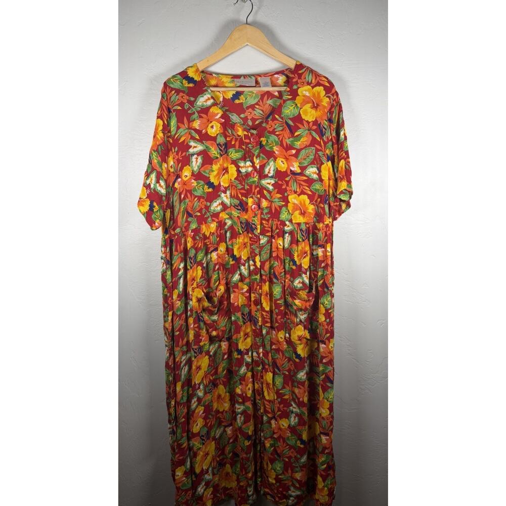 Women’s Cabernet Vibrant Summer Floral Size 1X Button Blouse BeltTie Maxi Dress